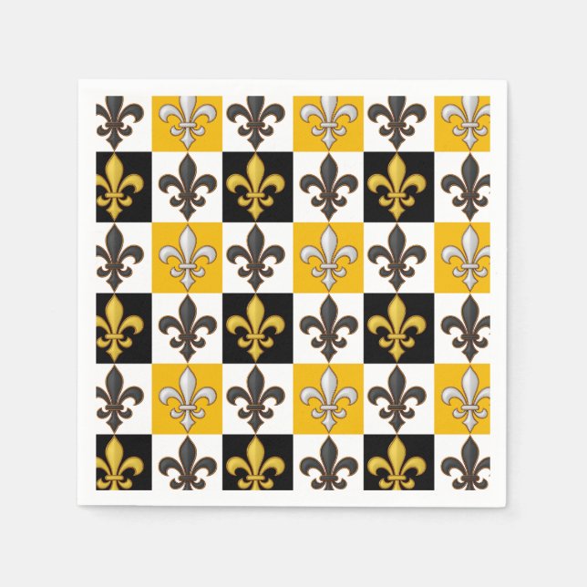 Yellow Black White Chequered Fleur-de-lis Design  Napkin (Front)