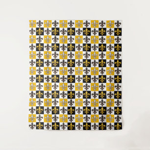 Yellow Black White Chequered Fleur-de-lis Design  Tapestry