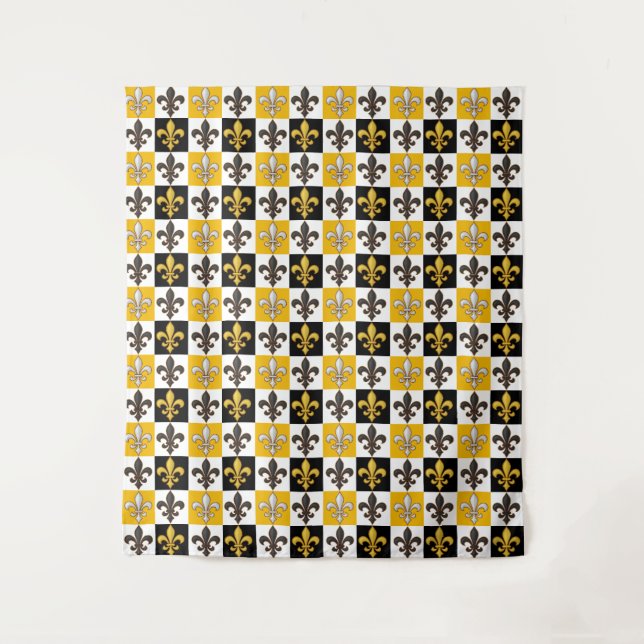 Yellow Black White Chequered Fleur-de-lis Design  Tapestry (Front)