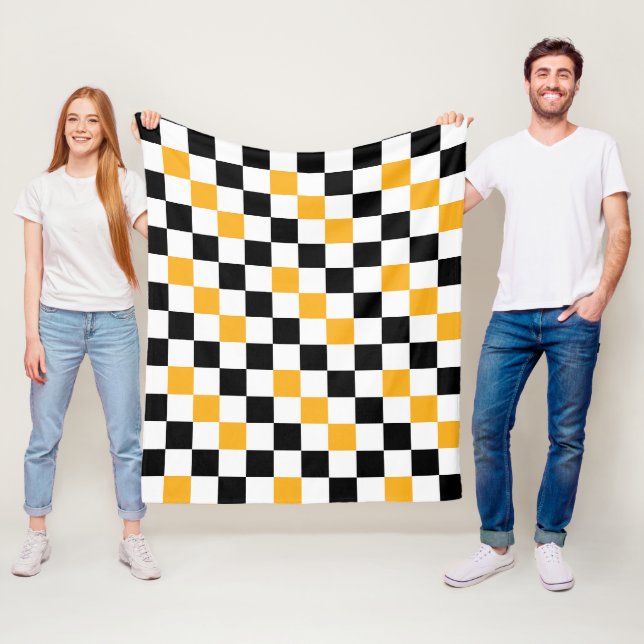 Yellow Black White Chequered Pattern Design  Fleece Blanket (In Situ)