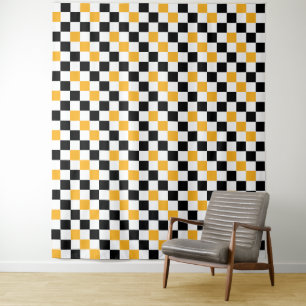 Yellow Black White Chequered Pattern Design  Tapestry