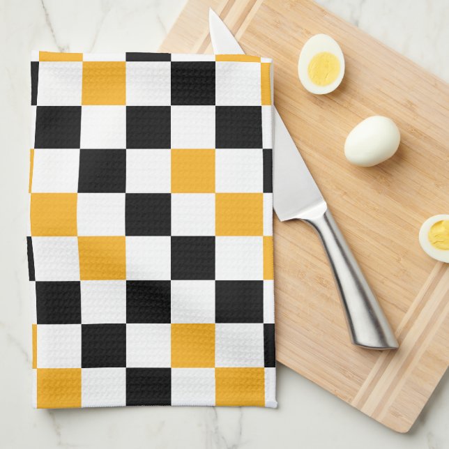 Yellow Black White Chequered Pattern Design  Tea Towel (Quarter Fold)