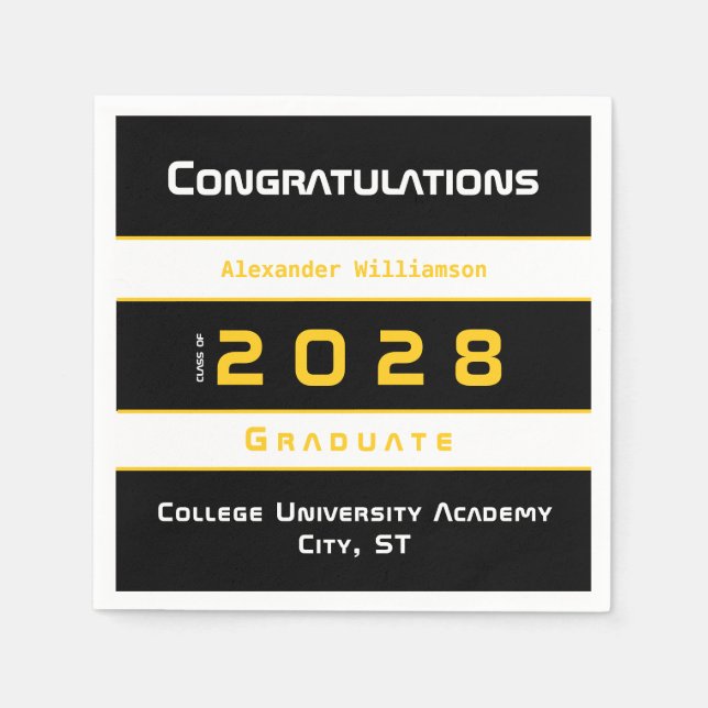 Yellow Black White Congratulations Graduation  Napkin (Front)
