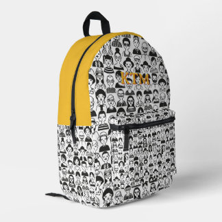 Yellow Black White Doodle Faces Monogram Printed Backpack