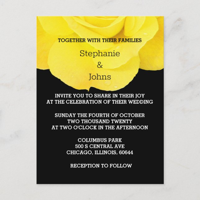 Yellow Black White Floral Rose Simple Wedding  Postcard (Front)