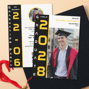 Yellow Black White Graduation Photo QR Code Party Invitation