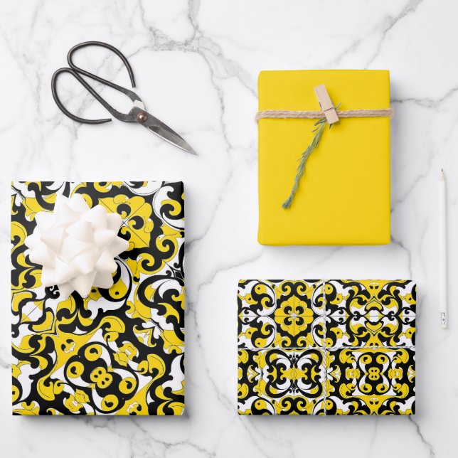 Yellow, Black & White Pattern Wrapping Paper Sheet (Front)