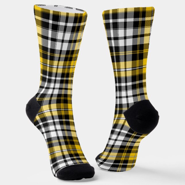 Yellow Black White Plaid Tartan Pattern Design  Socks (Angled)