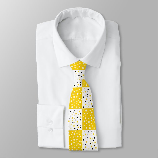 Yellow Black & White Polka Dot Colour Block Patter Tie (Tied)