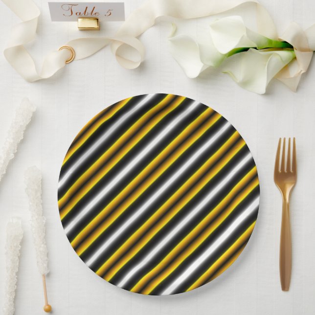 Yellow Black White Rainbow Stripes Paper Plate (Wedding)