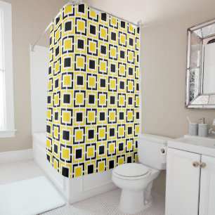 Yellow, Black White Retro Squares Shower Curtain