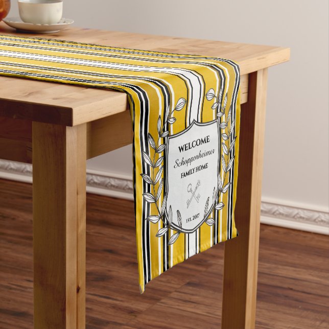 Yellow Black White Stripe Welcome Family Crest Long Table Runner (In Situ)