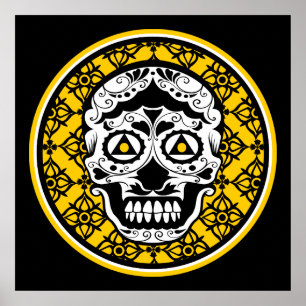 Yellow black white sugar skull damask poster
