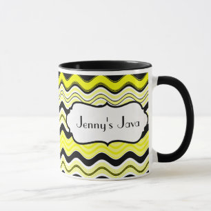 Yellow, Black, White Wavy Stripes Personalised Mug
