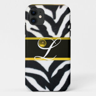 YELLOW BLACK WHITE ZEBRA FUR  YELLOW GEM MONOGRAM, iPhone 11 CASE