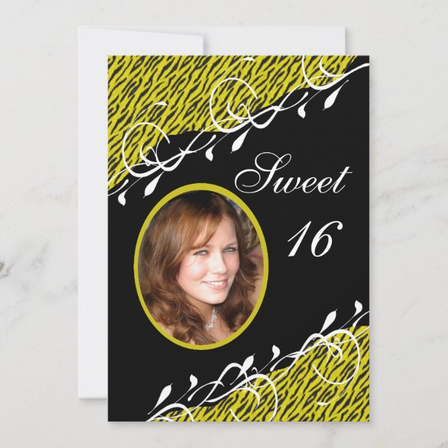 Yellow & Black Zebra Print  Sweet 16 Invitation (Front)