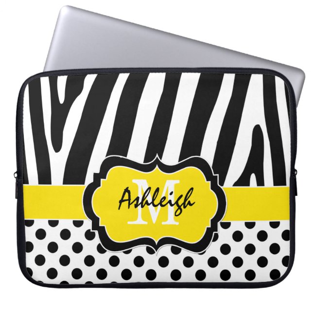 Yellow Black Zebra Stripes Polka Dots Laptop Case (Front)