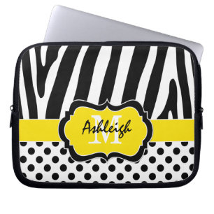Yellow Black Zebra Stripes Polka Dots Laptop Case