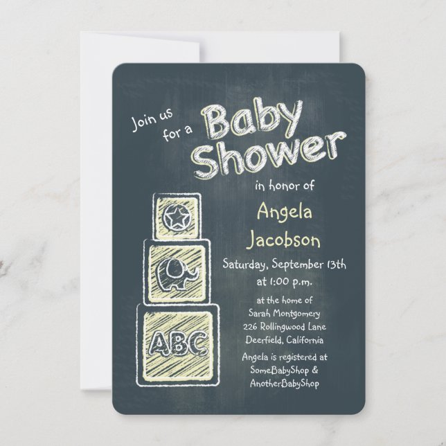 Yellow Blocks Chalkboard Baby Shower Invitation (Front)
