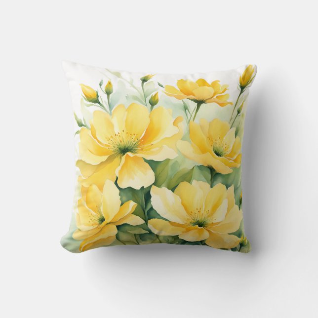 Yellow Blooms Watercolor Floral Cushion (Front)