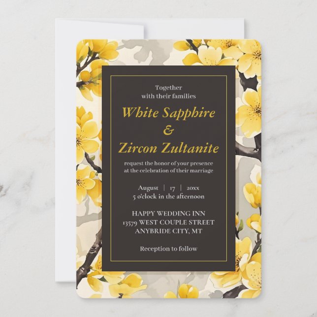 Yellow Blossom Black Wedding Invitation (Front)