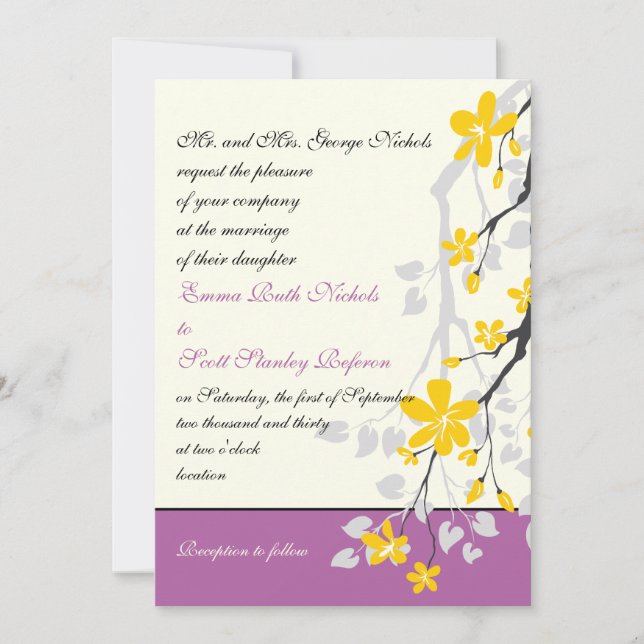 Yellow blossoms purple wedding custom invitation (Front)