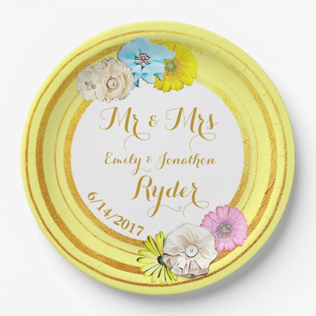 Yellow, Blue  and Gold Floral Wedding Paper Plates (Front)