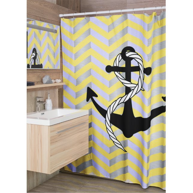 Yellow Blue and Grey Nautical Anchor Chevron Shower Curtain (Nautical sailing anchor yellow modern shower curtain)