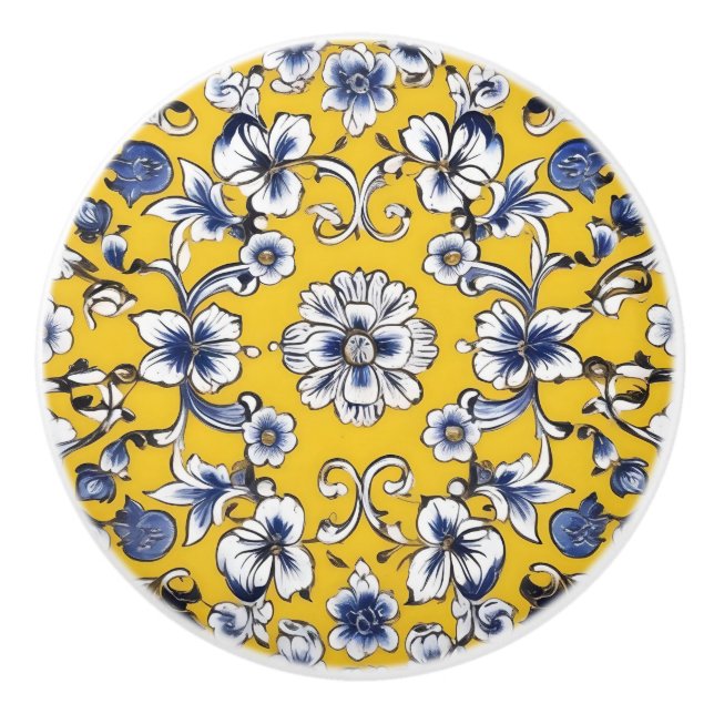 Yellow, Blue and White Floral Custom Ceramic Knob (Front)