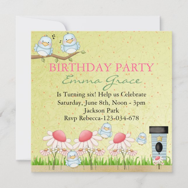 Yellow/Blue Bird Birthday Invitation (Front)