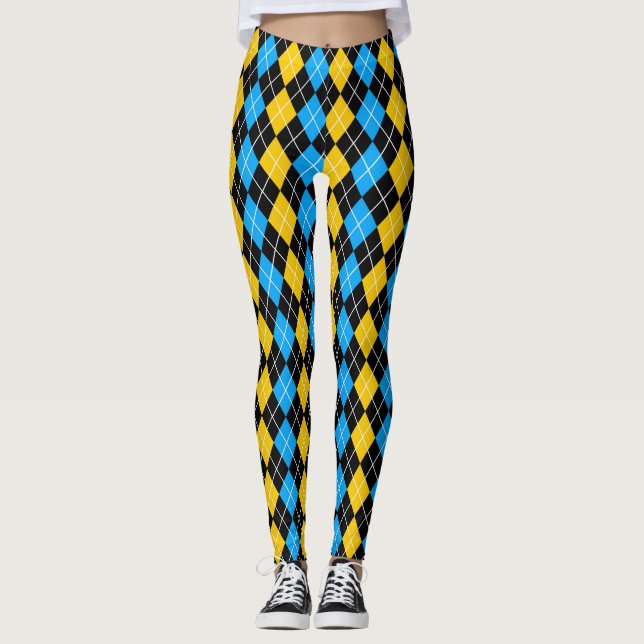 Yellow Blue Black Argyle Diamond Design  Leggings (Front)