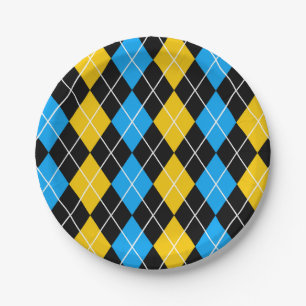 Yellow Blue Black Argyle Diamond Design  Paper Plate