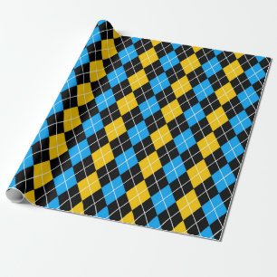 Yellow Blue Black Argyle Diamond Design  Wrapping Paper