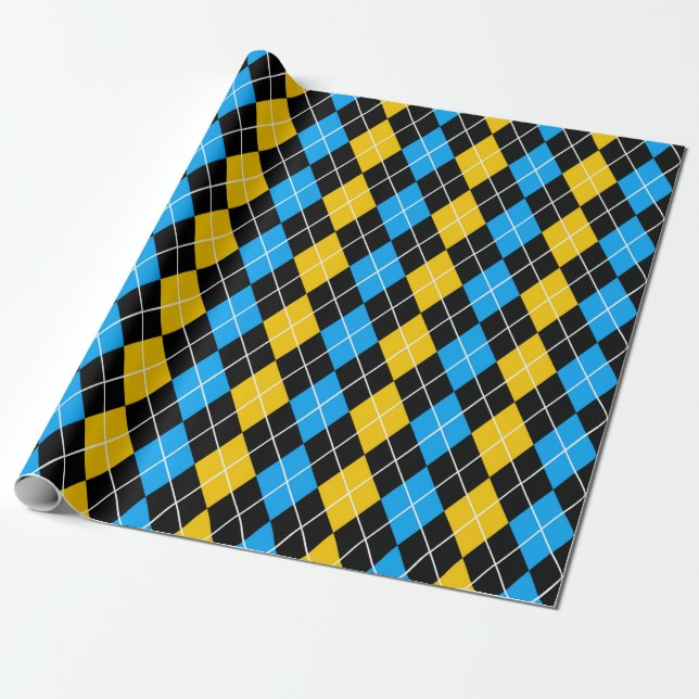 Yellow Blue Black Argyle Diamond Design  Wrapping Paper (Unrolled)