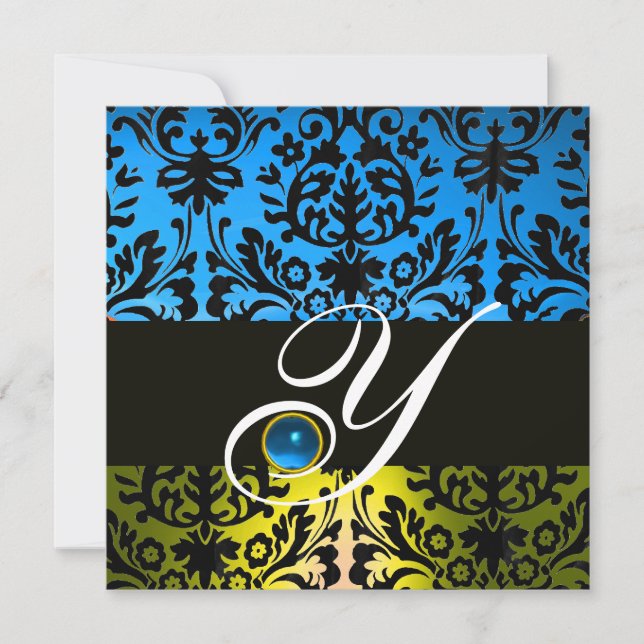 YELLOW BLUE BLACK DAMASK MONOGRAM Sapphire Invitation (Front)