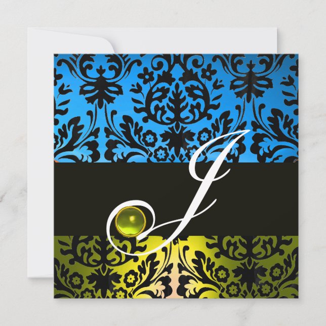 YELLOW BLUE BLACK DAMASK MONOGRAM Topaz Invitation (Front)