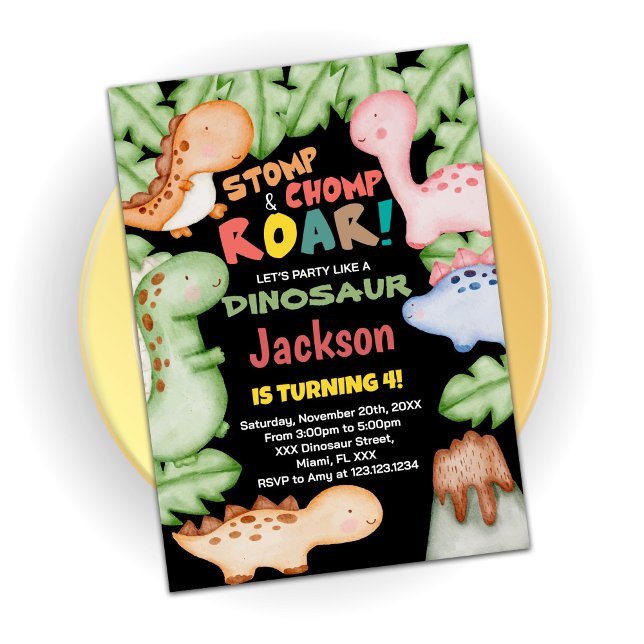 Yellow Blue Black Dinosaur Birthday Invitations (Creator Uploaded)