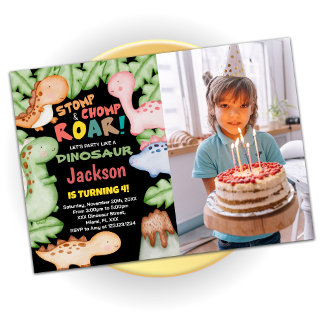 Yellow Blue Black Dinosaur Birthday with photo Invitation