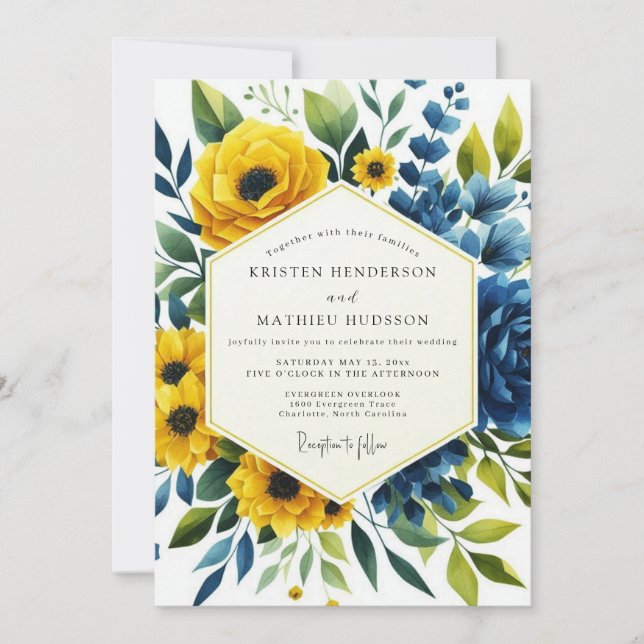 Yellow Blue Botanical Romance Wedding Invitation (Front)