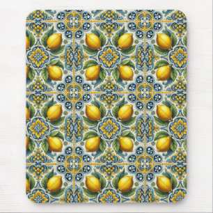 Yellow Blue Capri Lemon Mediterranean Tile Pattern Mouse Mat