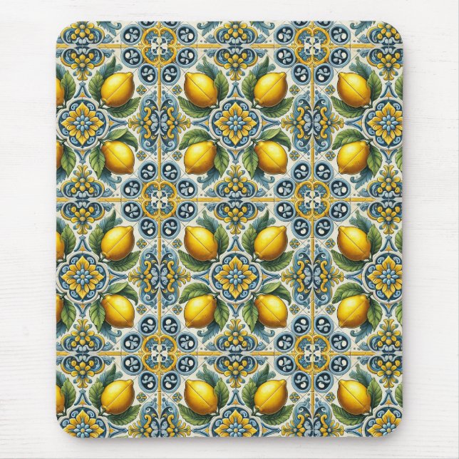 Yellow Blue Capri Lemon Mediterranean Tile Pattern Mouse Mat (Front)