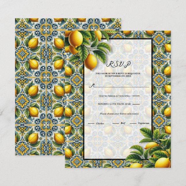Yellow Blue Capri Lemon Mediterranean Tile RSVP Invitation (Front/Back)