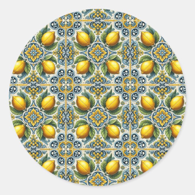 Yellow Blue Capri Lemon Mediterranean Tile Wedding Classic Round Sticker (Front)