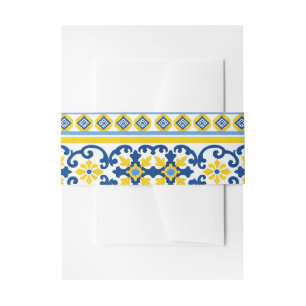 Yellow Blue Capri Lemon Mediterranean Tile Wedding Invitation Belly Band