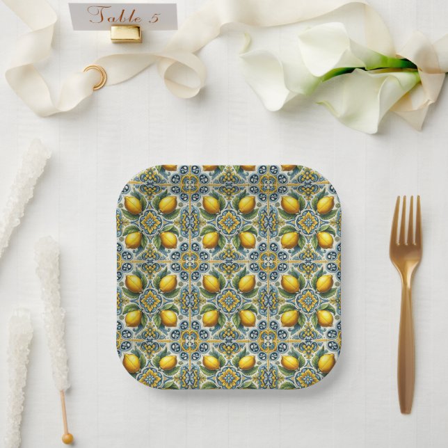 Yellow Blue Capri Lemon Mediterranean Tile Wedding Paper Plate (Wedding)
