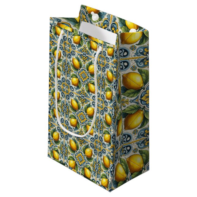 Yellow Blue Capri Lemon Mediterranean Tile Wedding Small Gift Bag (Front Angled)