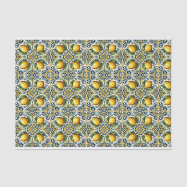 Yellow Blue Capri Lemon Mediterranean Tile Wedding Tissue Paper (Front)