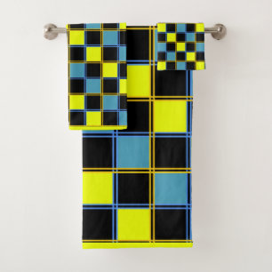 Yellow blue checkered geometric pattern  bath towel set