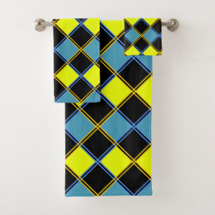 Yellow blue checkered geometric pattern bath towel set