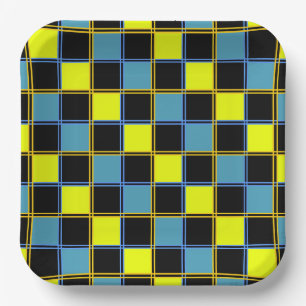 Yellow blue checkered geometric pattern  paper plate